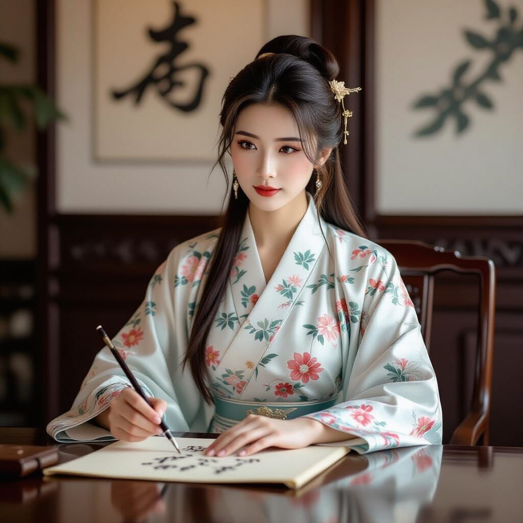 Elegant Hanfu Woman Writing Calligraphy