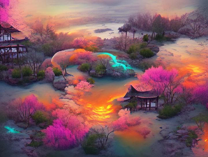 Psychedelic Japanese Tea Garden in Pastel Iridescence