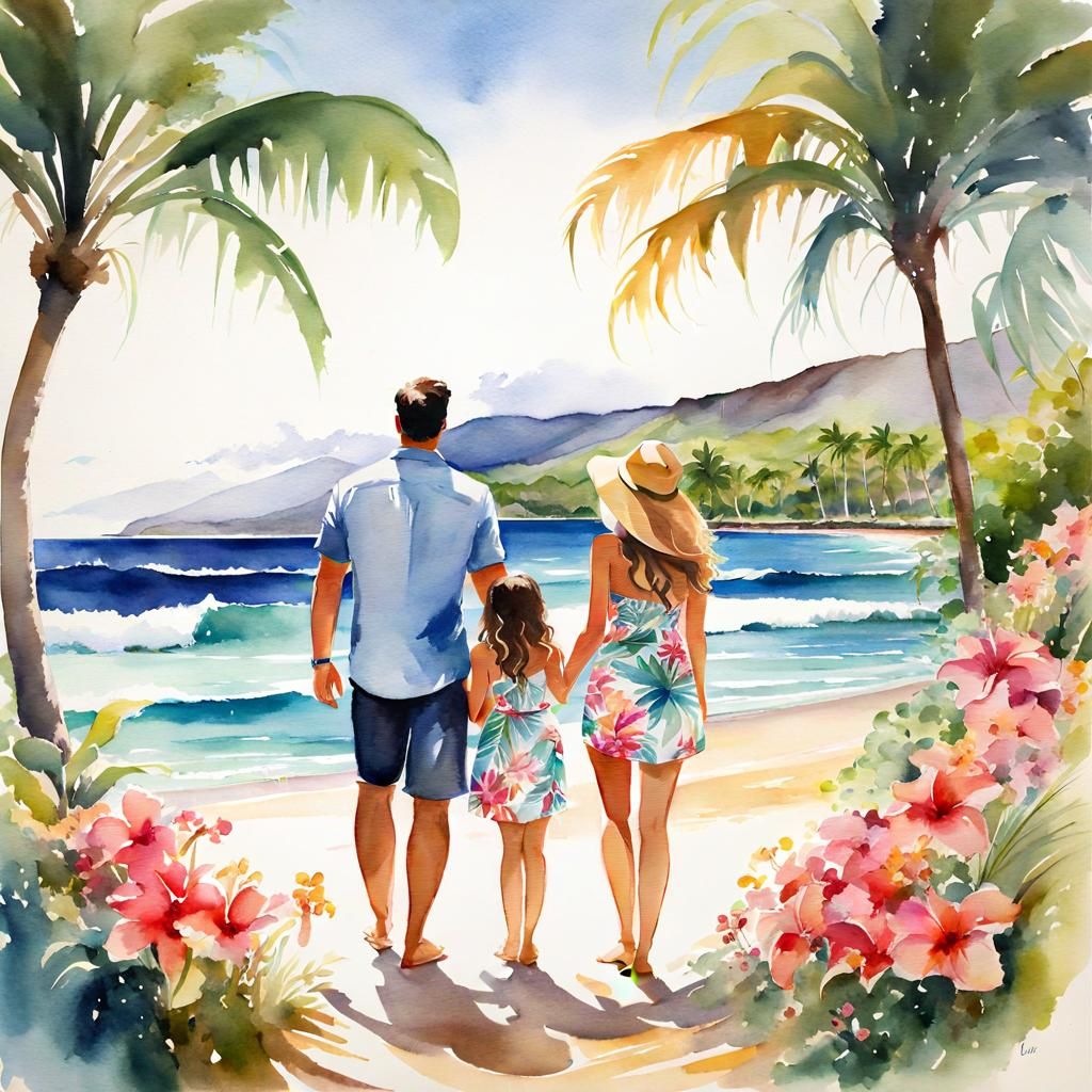 Family in Hawaii, watercolor