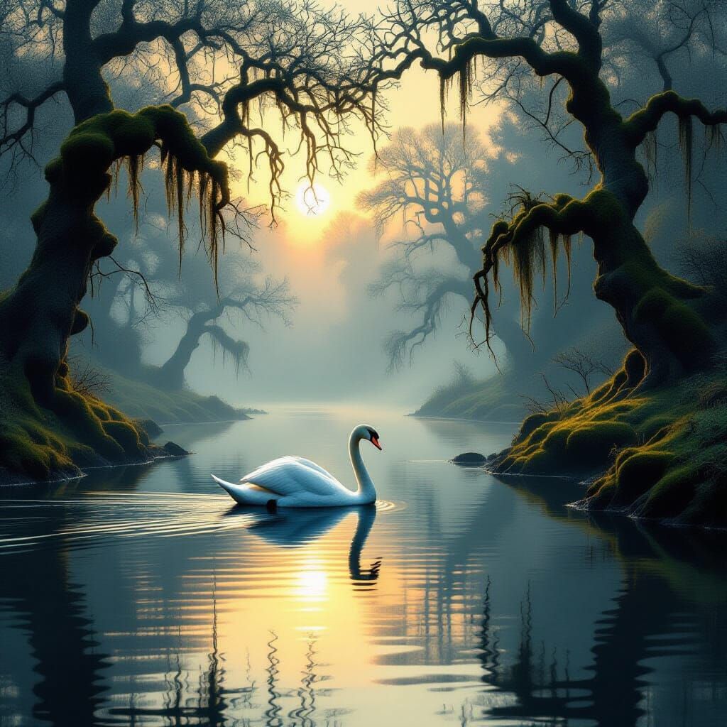 Swan on Misty River at Dawn, Dark Fantasy HDR Style