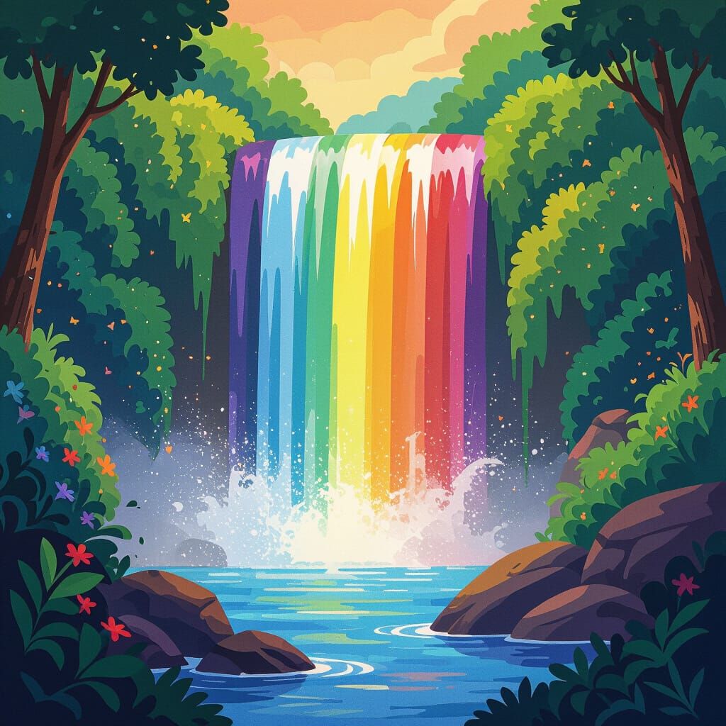 Rainbow Waterfall in Playful Cartoon Style