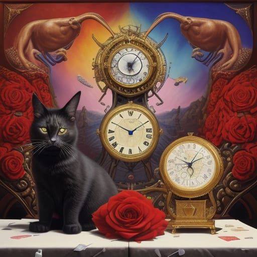 Surreal Cat on Melting Clock in Vibrant Oil Painting