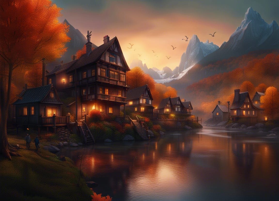 Riverside Village at Autumn Evening, Fantasy Concept Art