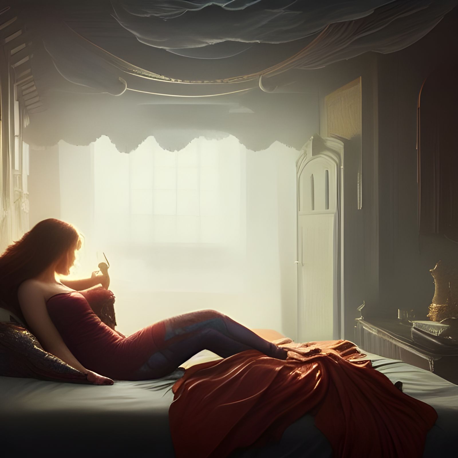 Superheroine Resting: Detailed Digital Matte Painting