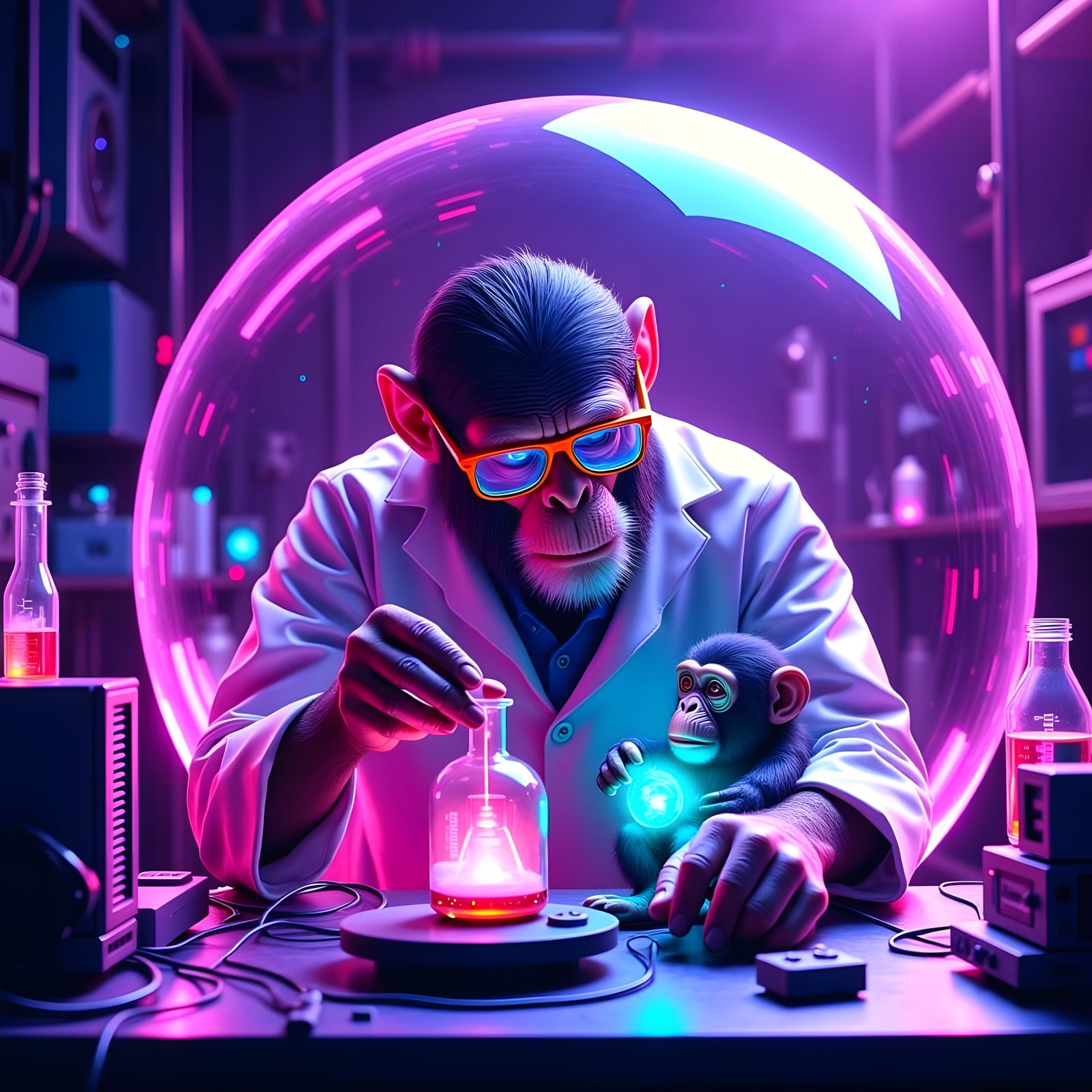Chimpanzee Scientist in Space Lab, Retro-Futuristic Style