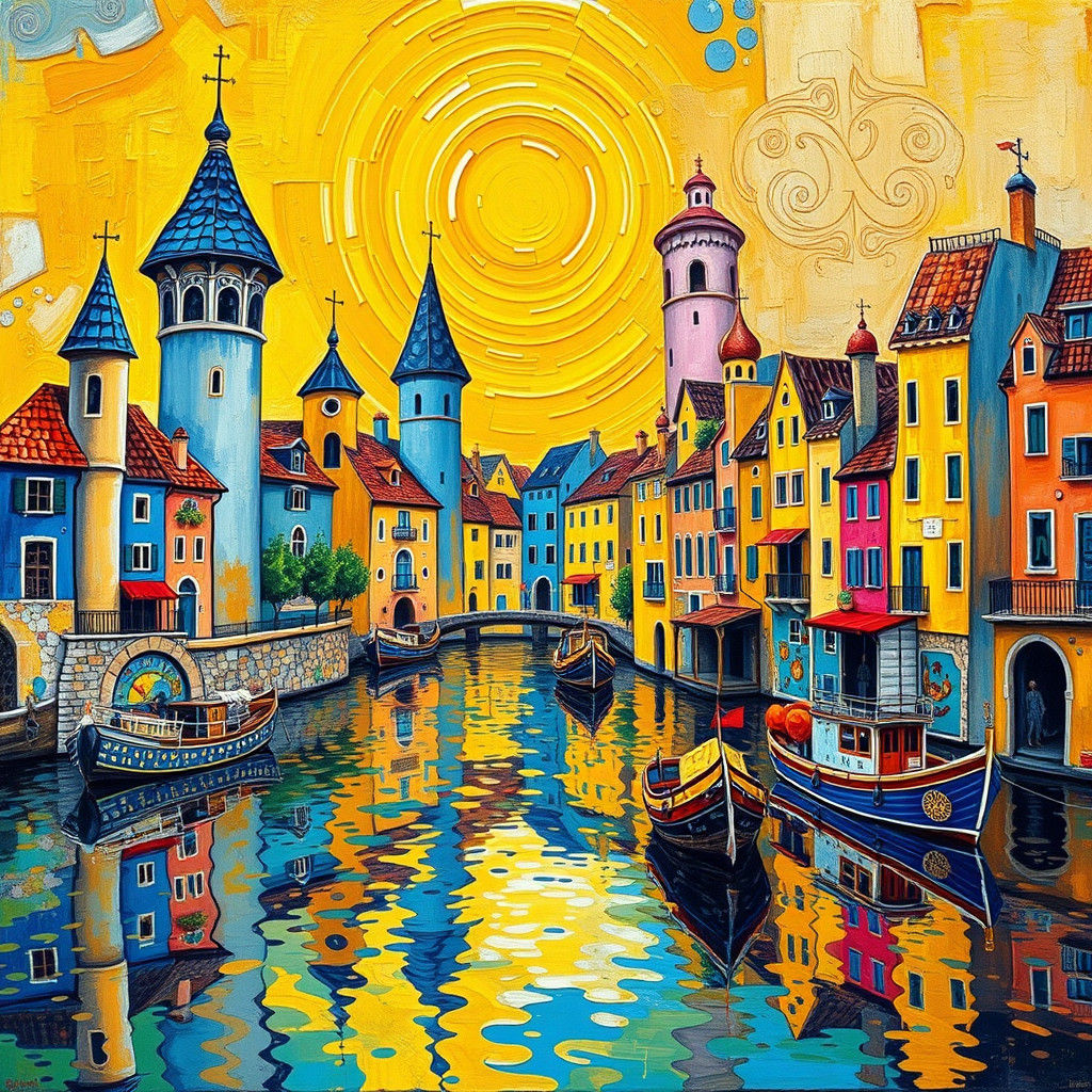 Cubist Fauvist Town on River as Magical Realism