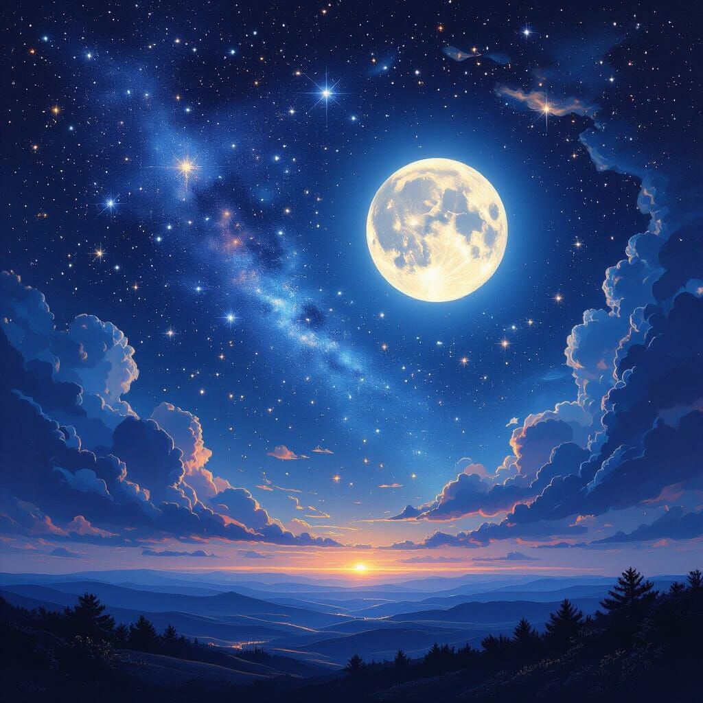 Radiant Full Moon and Starry Sky Digital Painting