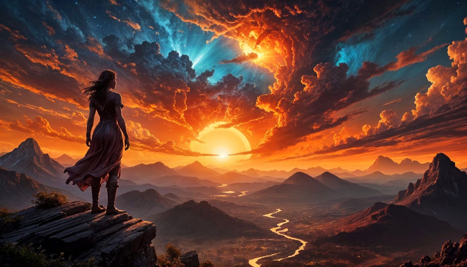 Woman Contemplating Cosmic Sunset in Oil-Color Glazing Style