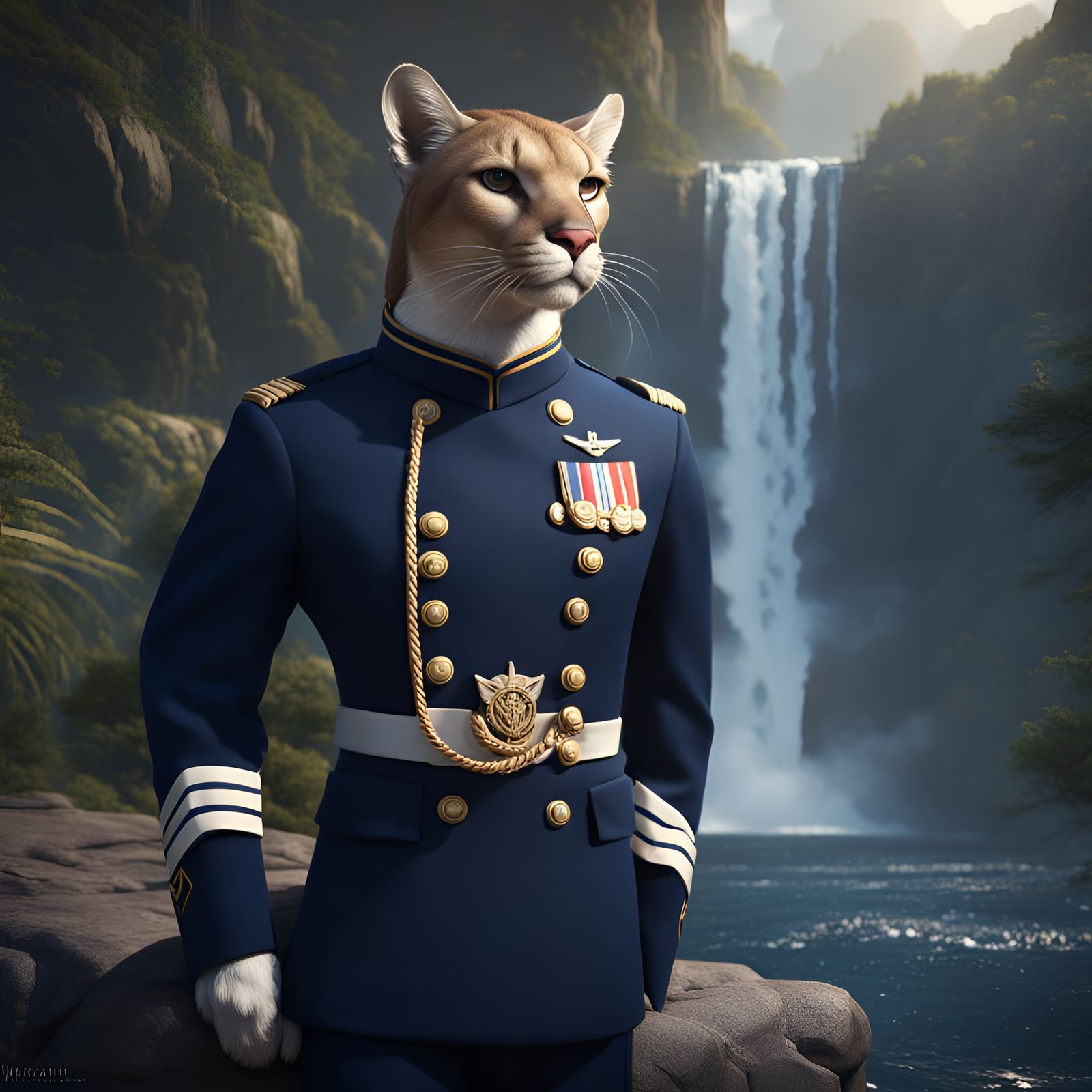 Anthro Cougar in Navy Uniform by Waterfall