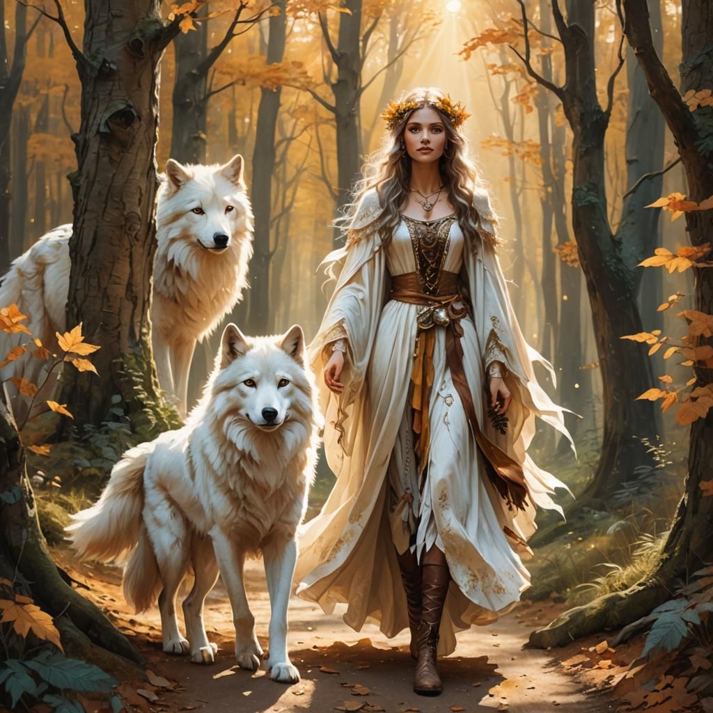 Whimsical Fairy and Wolf in Autumn Light