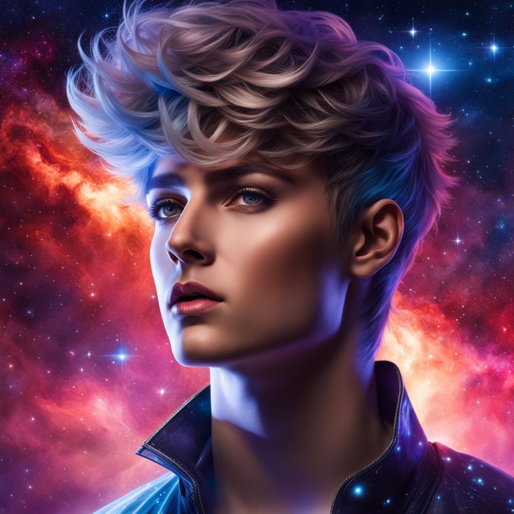 Gay Twink in Space Among Stars and Nebula