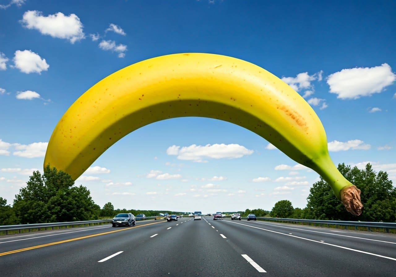 Colossal Banana Overpass on Highway, Photorealistic Style