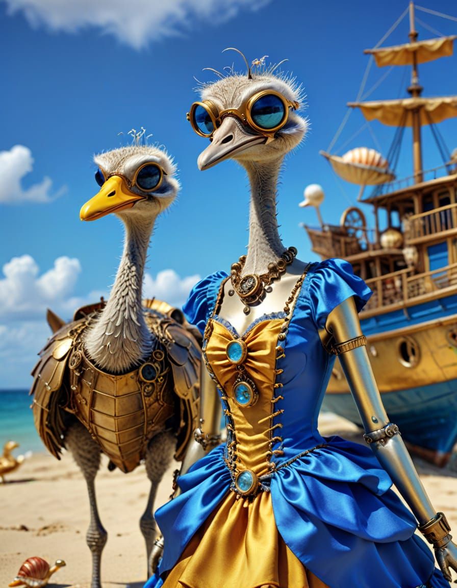 Steampunk Beach Vacation with Ostrich and Duck