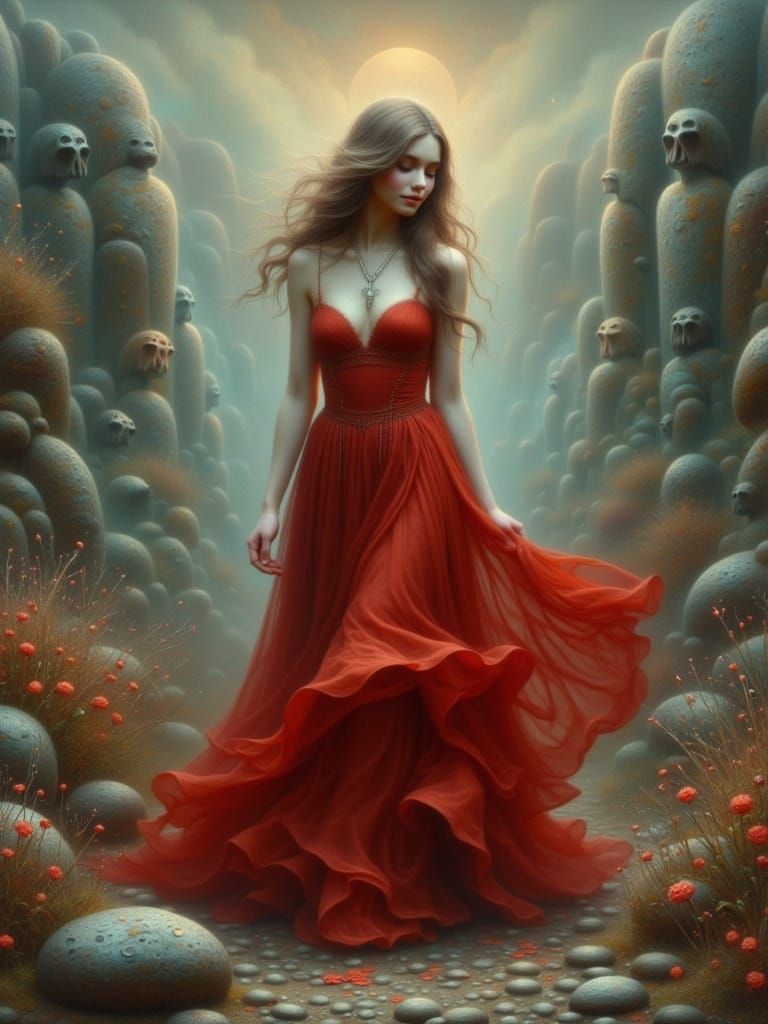 Mystical Woman in Red Dress, Painterly Fantasy