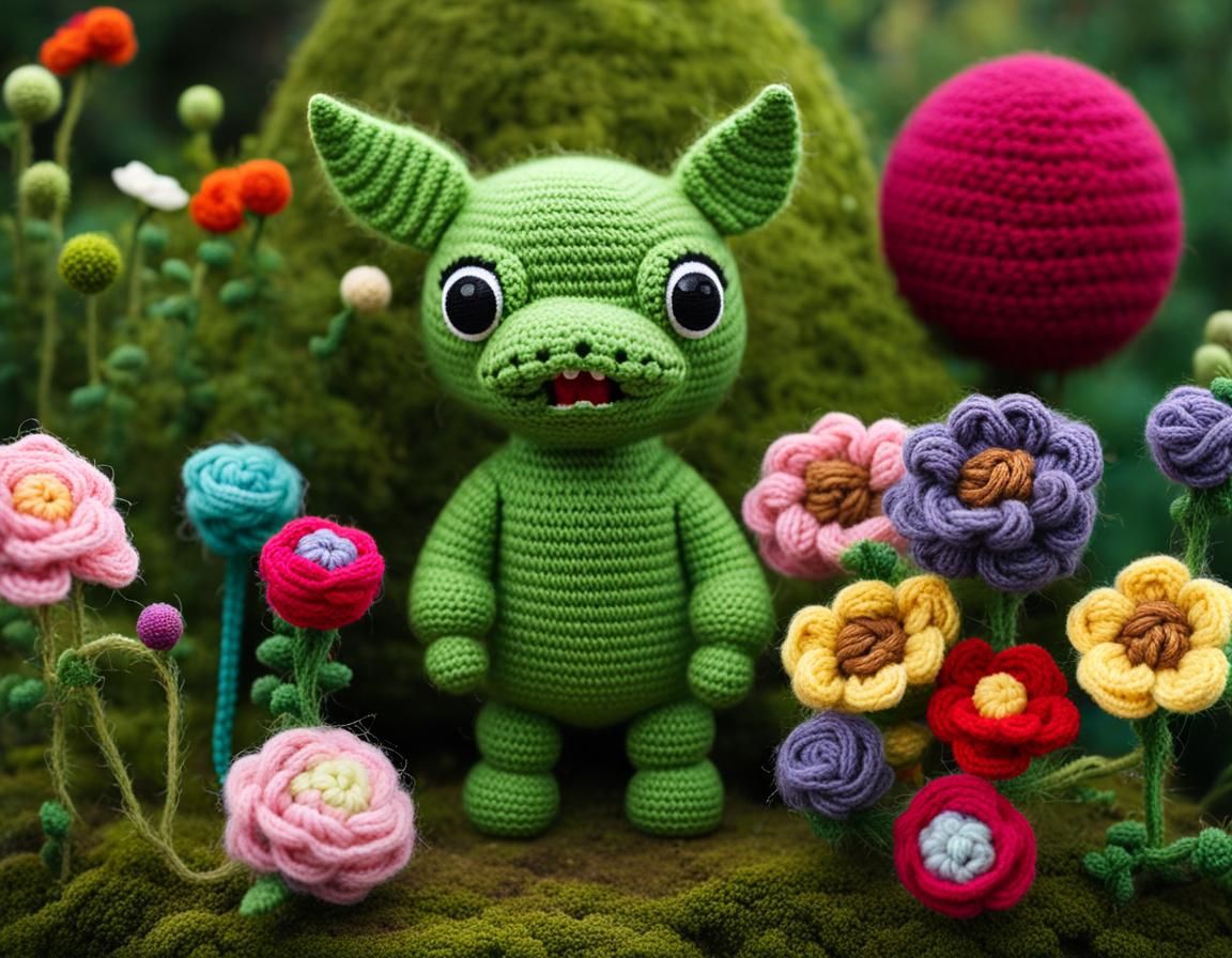 Hodag amigurumi in crocheted flower garden