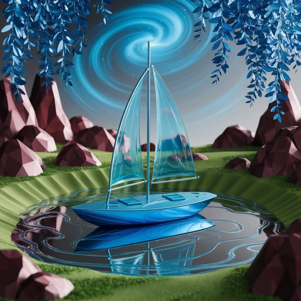 Surreal Blue Sailboat in Alien Landscape