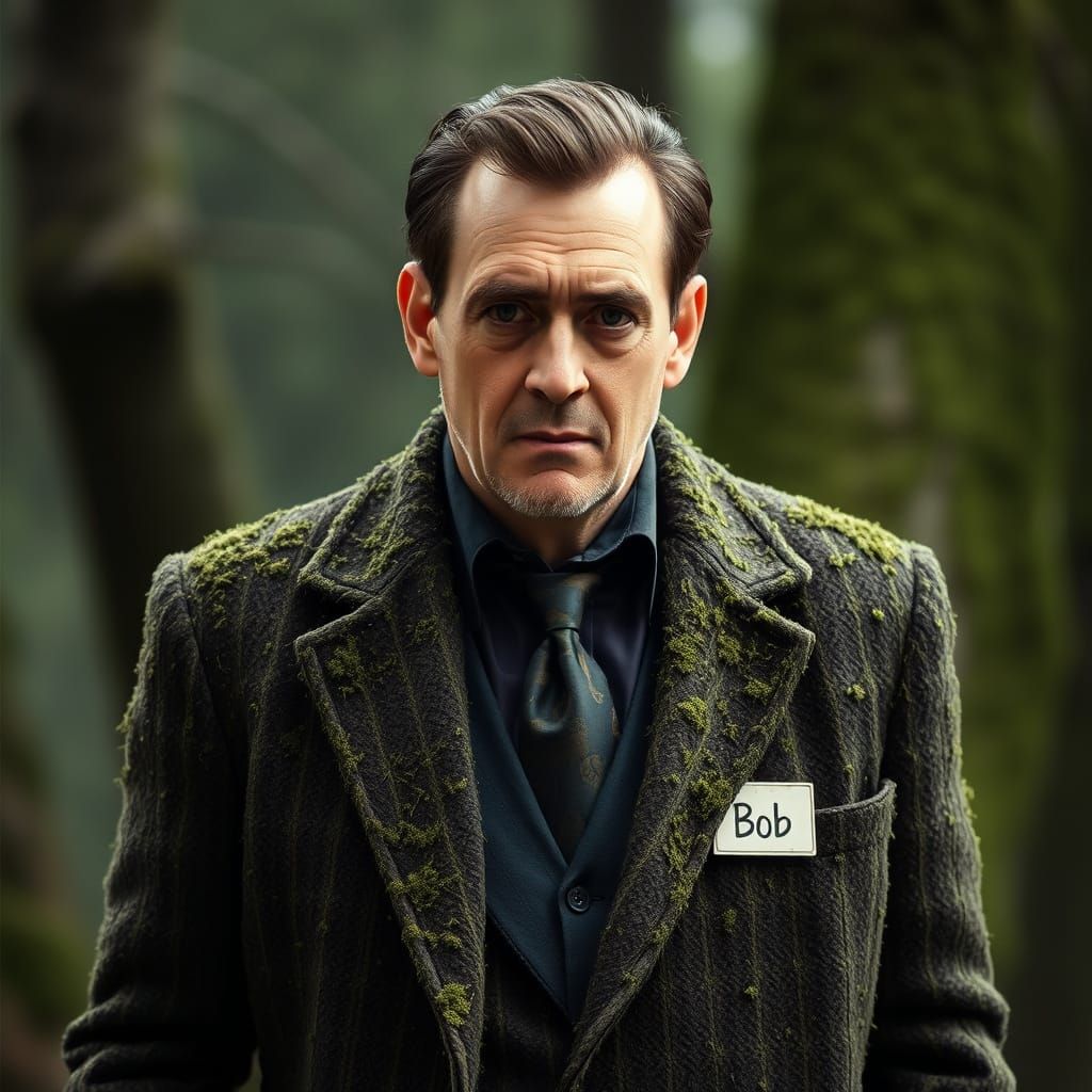 A man with a name tag "Bob" wearing a mobster suit and covered in moss.