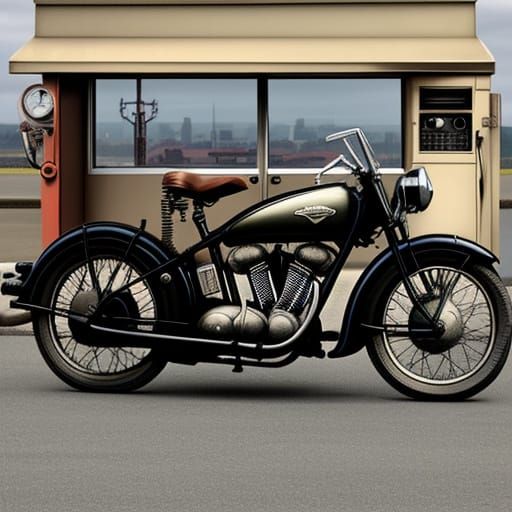 Vintage 1930s Motorcycle at Classic Gas Station