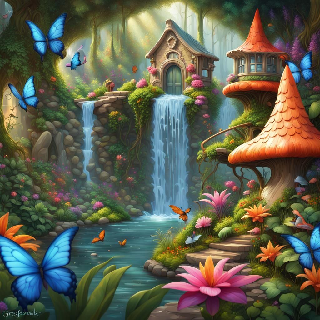 Paradise Garden Waterfall: Digital Art in 8k