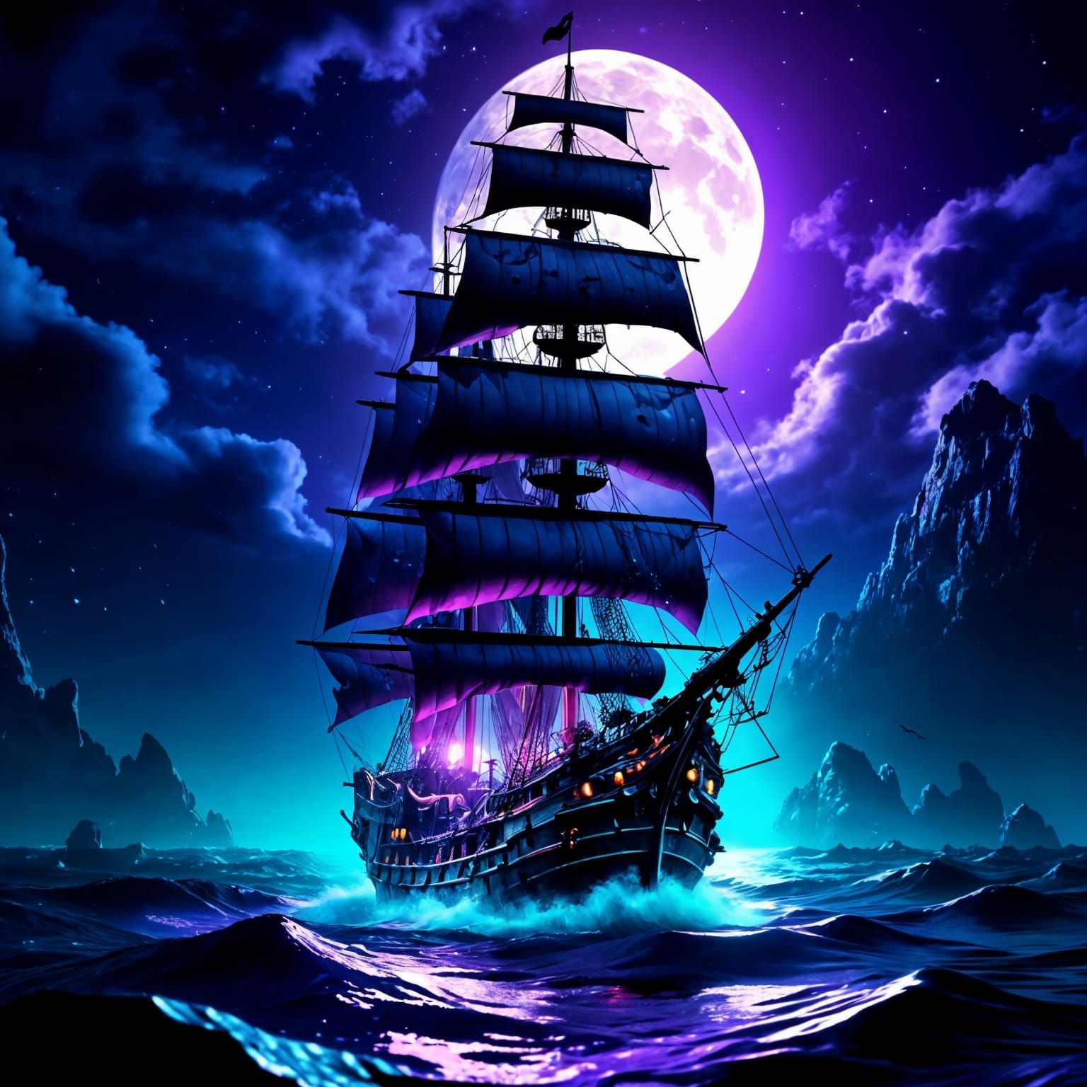 Gothic Biopunk Pirate Ship Under Midnight Purple Skies