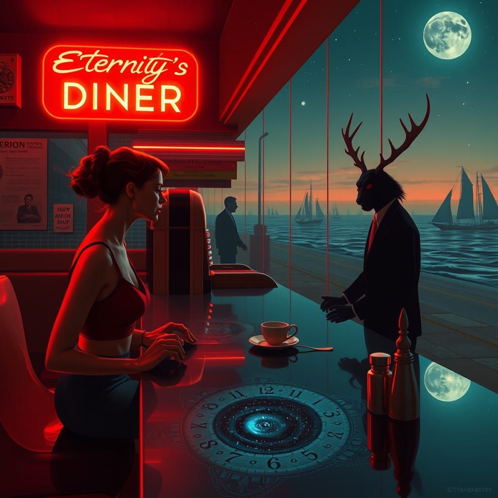 Surreal American Realism Painting of a Fantastical Diner