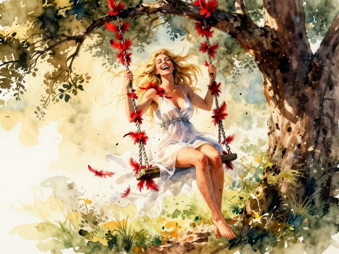 Norse Goddess of Love on Flower Swing in Golden Hour