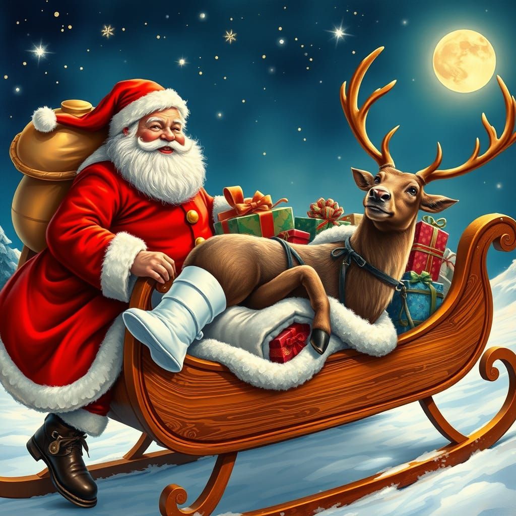 Jolly Santa Claus Pulls a Sleigh with a Plastered Reindeer