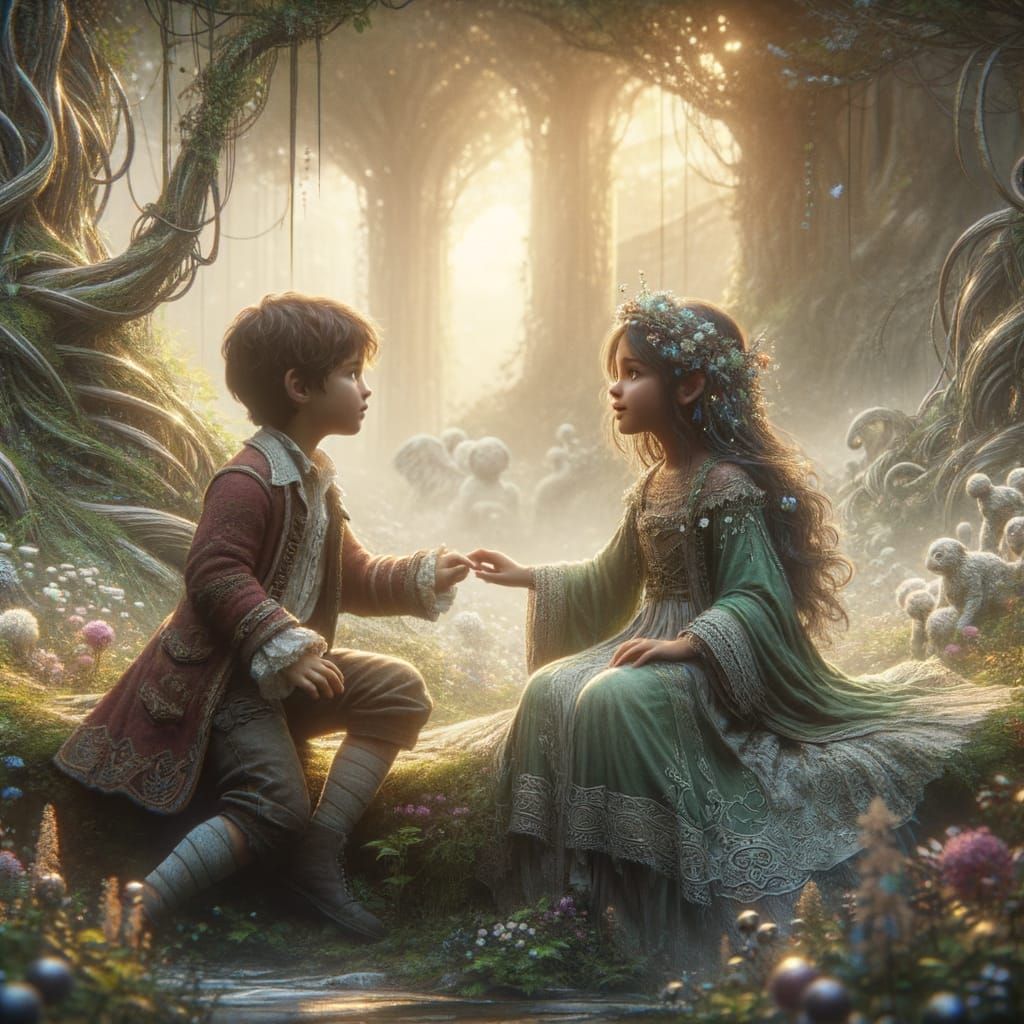 Enchanted Garden Scene with Children Conversing