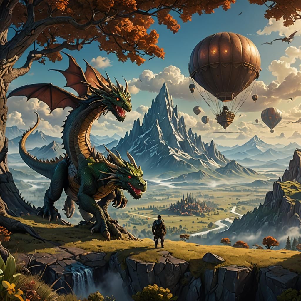 Epic Mountain Vista with Dragon, Fantasy Art