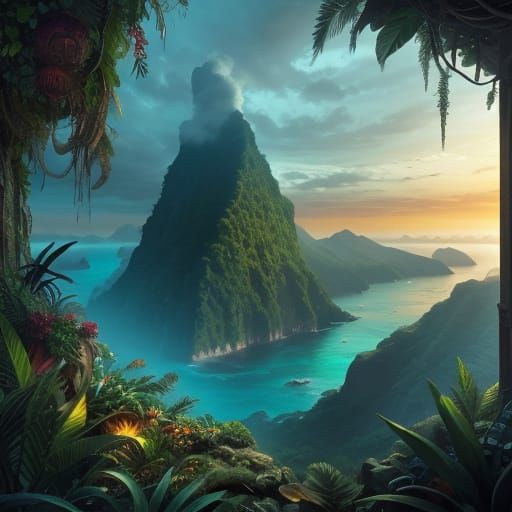 Jungle Overlooking Ocean at Dawn: Digital Matte Painting