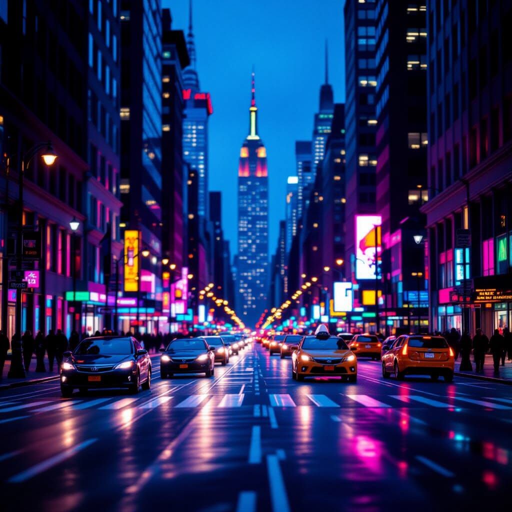 New York City at Night, Neon Streets and Skyscrapers