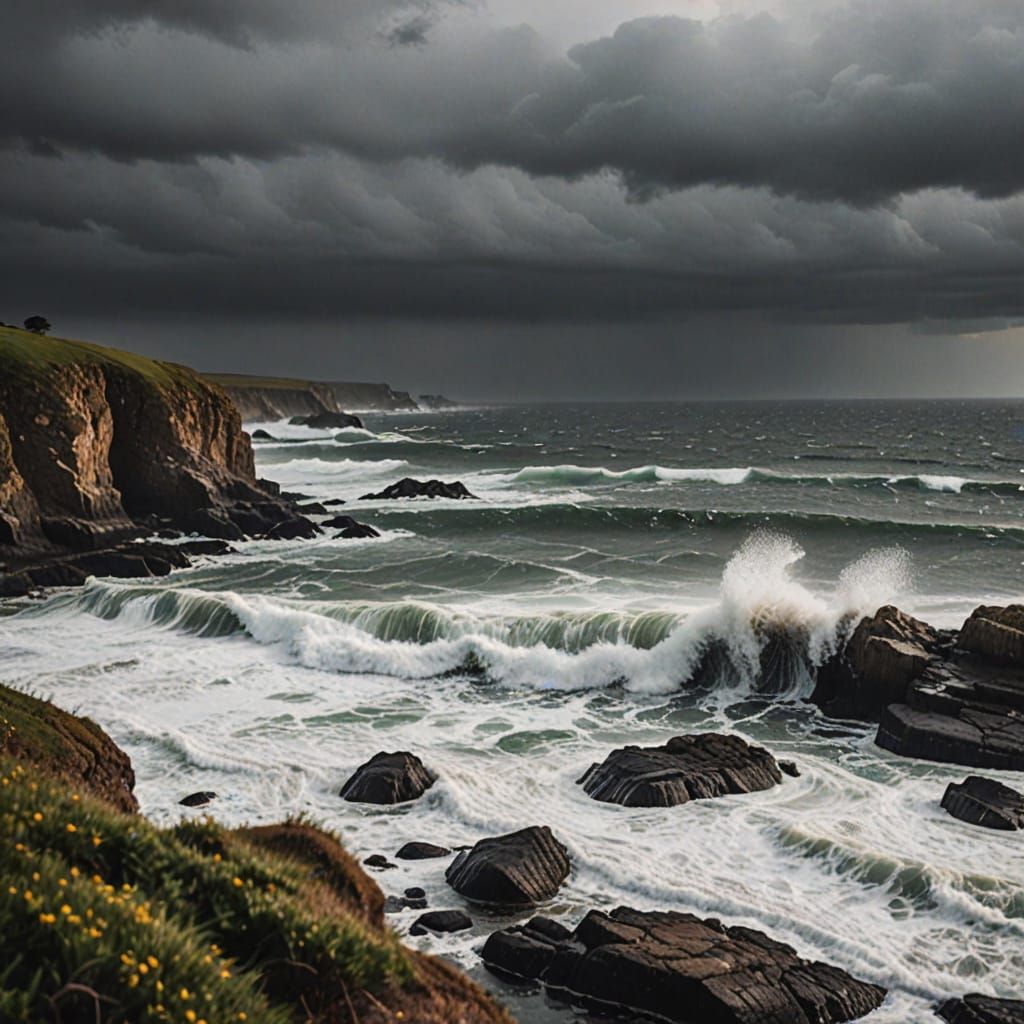 Cinematic Stormy Seascape with Lone Seagull