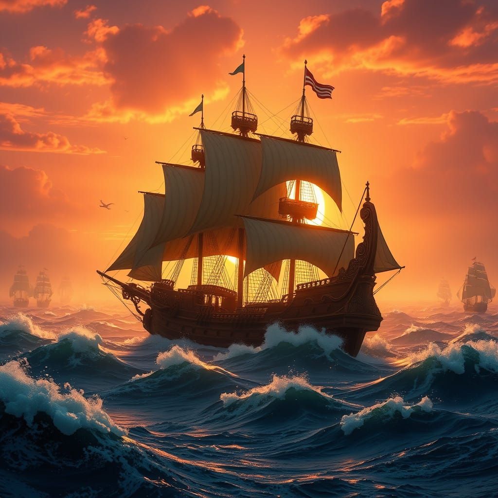 Majestic Galleon in Turbulent Stormy Sea, Sunset Background