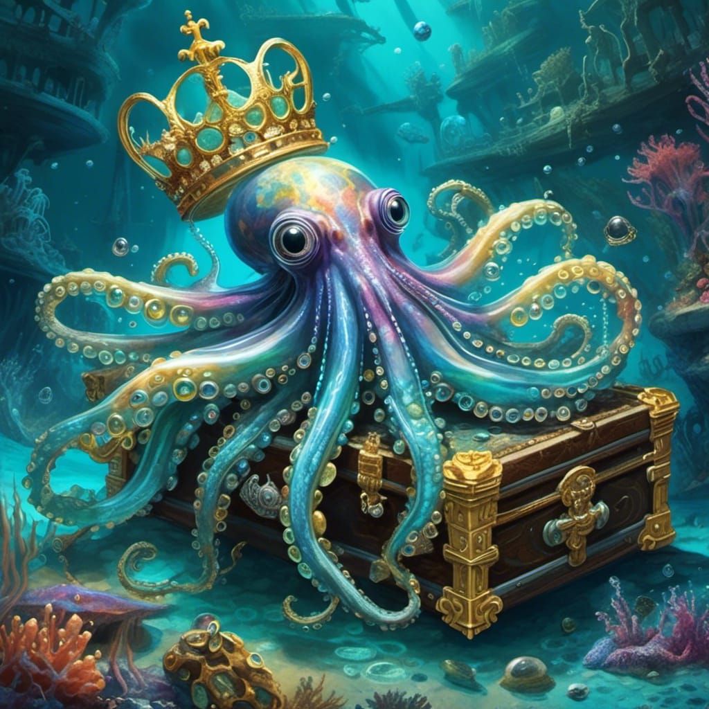 Iridescent Octopus with Crown and Treasure: Surreal Art