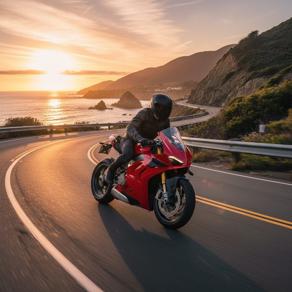 Man Rides Red Ducati on Coastal Road at Sunset