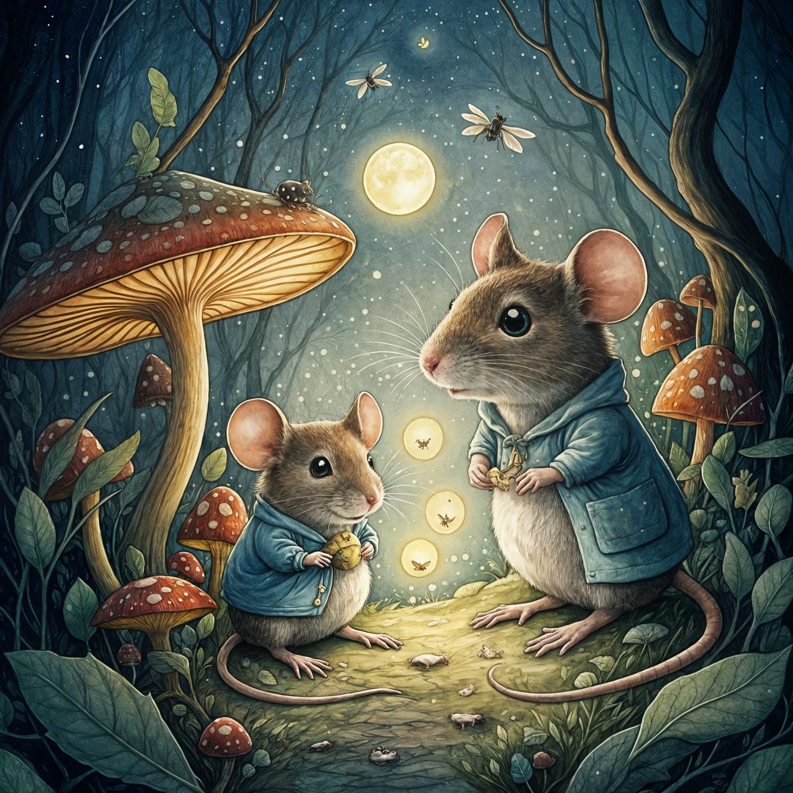 Enchanted Moonlit Forest of Mice and Glowing Mushrooms