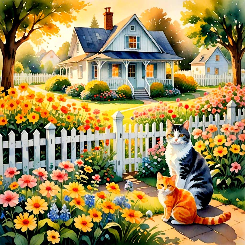 Cozy Cottage Garden Scene with Two Playful Cats
