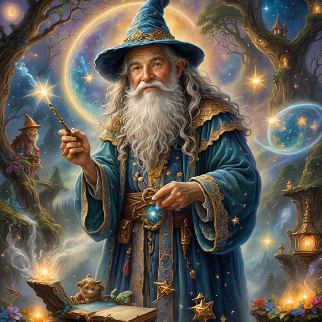 A hyper realistic halfling wizard with stars on his robe and...