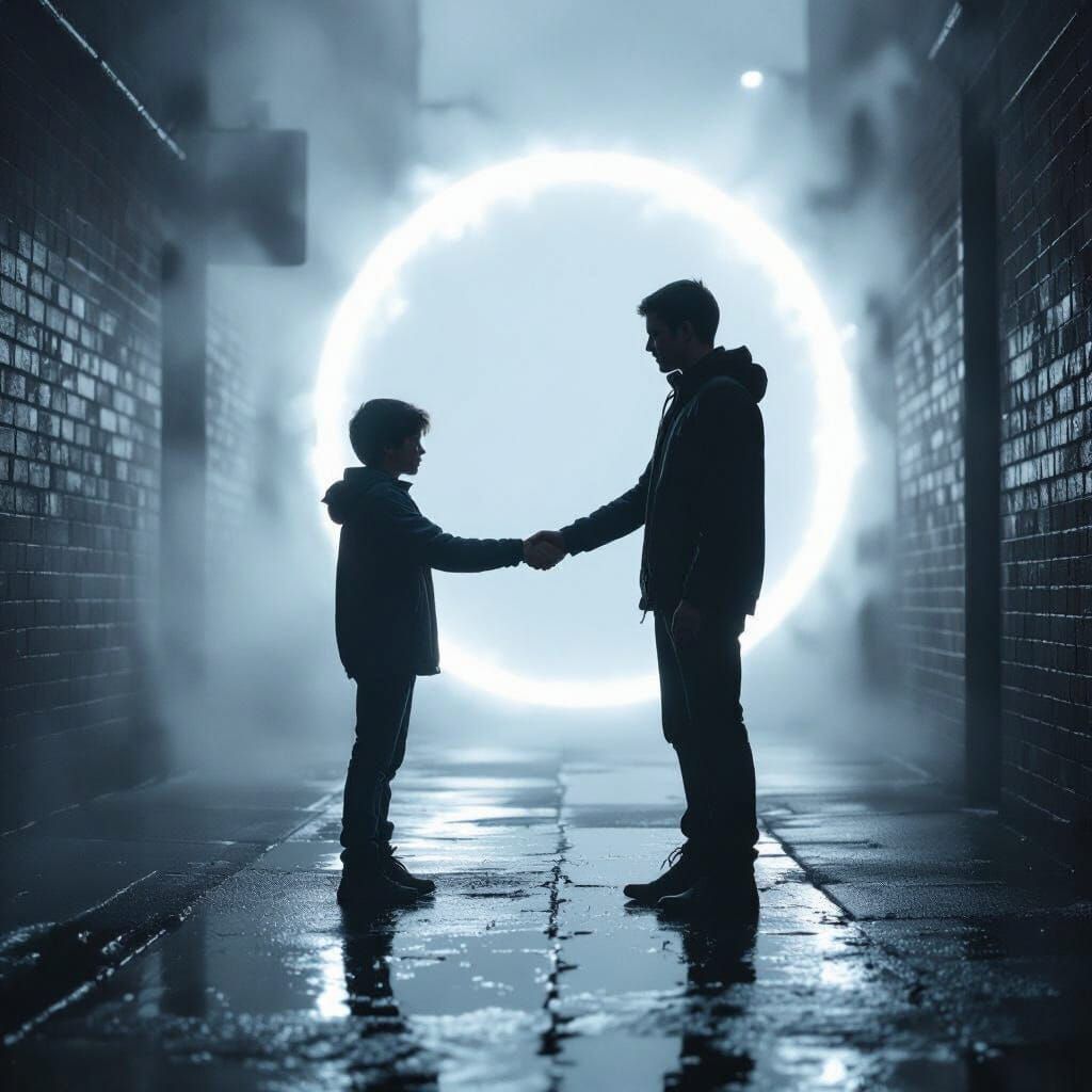 Person Meets Younger Self in Foggy Alley with Portal