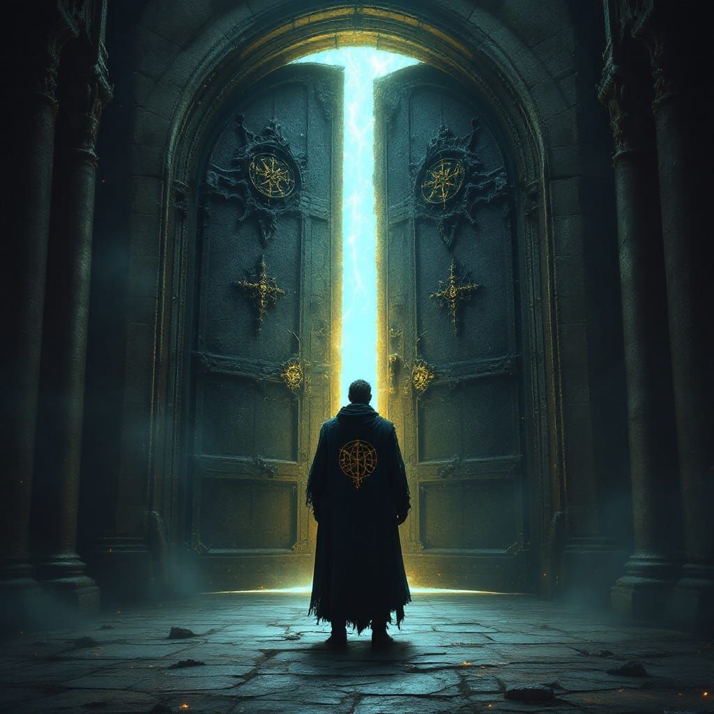 A Man Stands Before Dark Gothic Doors, Radiant Light Beyond