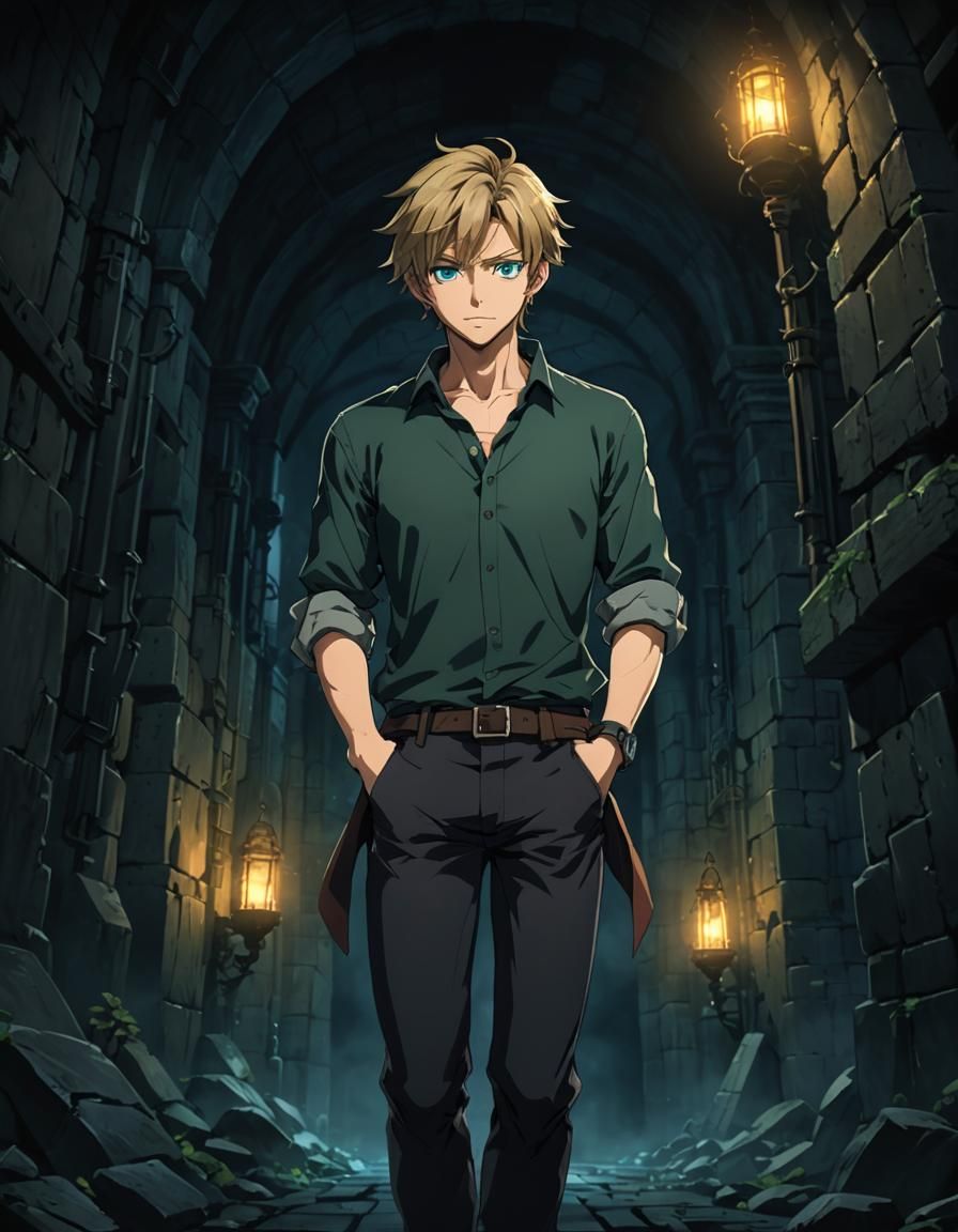 Anime Hero in Dark Dungeon with Mystical Symbols