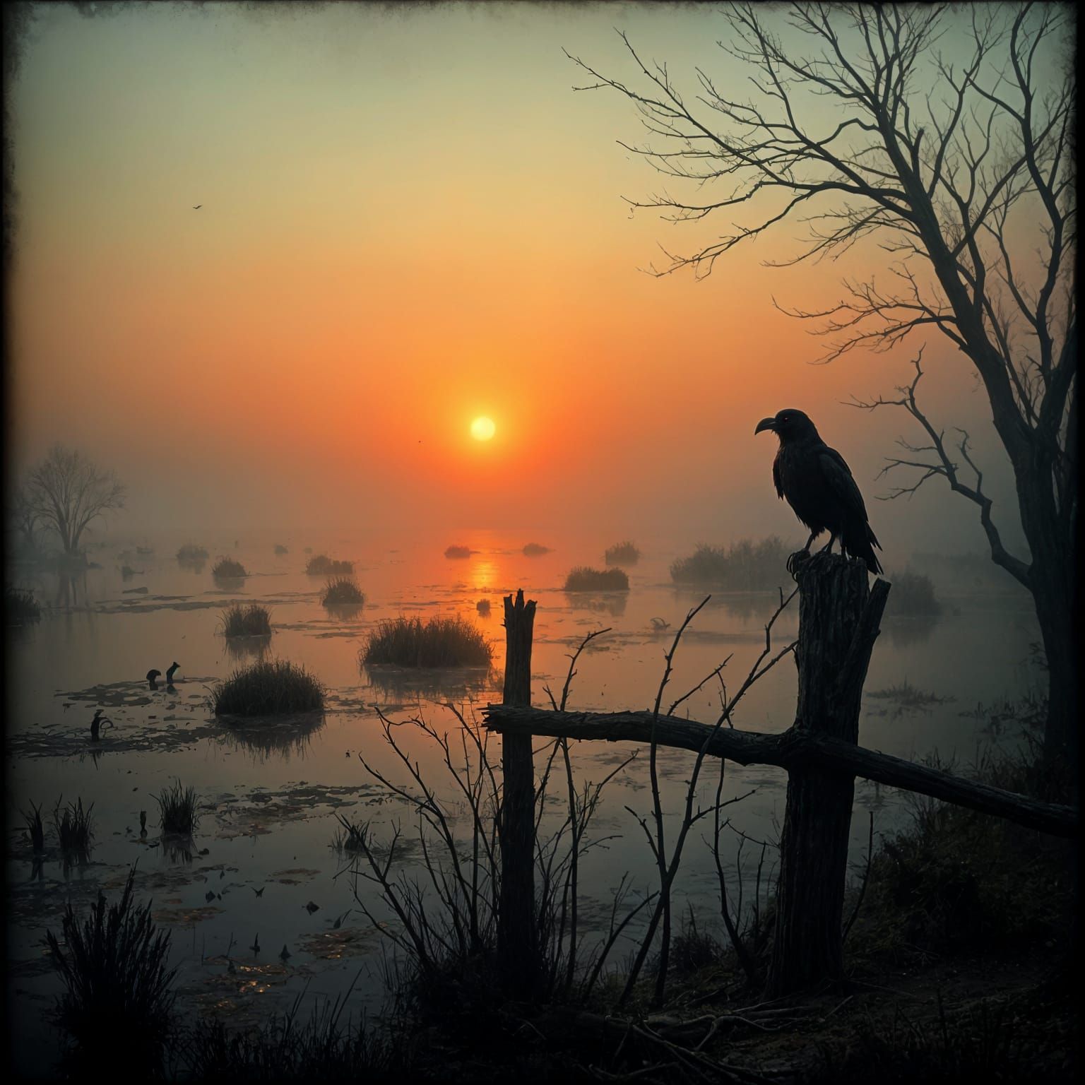 Creepy Swamp at Misty Dawn in Horror Style