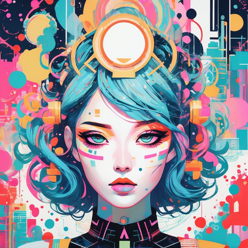 Youthful Japanese Pop Art Goddess in Vibrant, Swirling Patte...