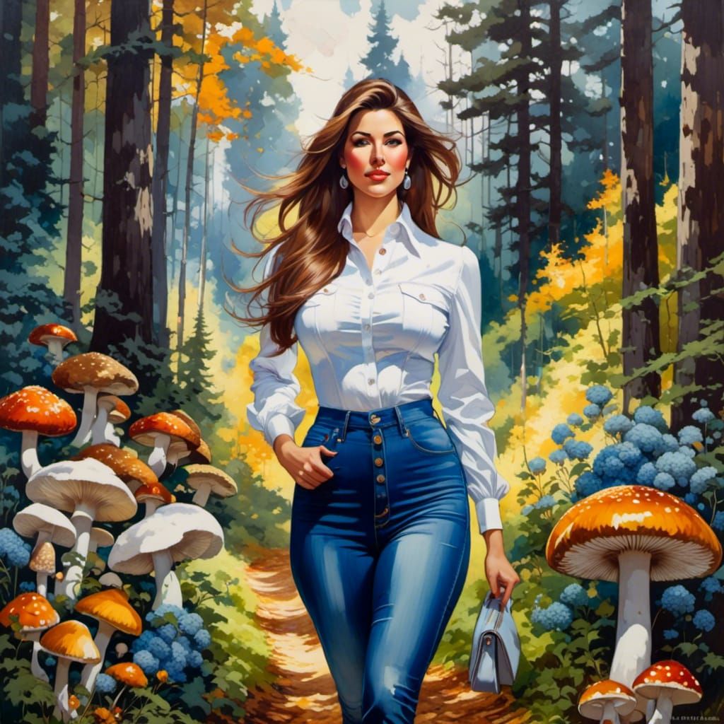 Curvy Woman in Mystic Forest, Oil Painting Style