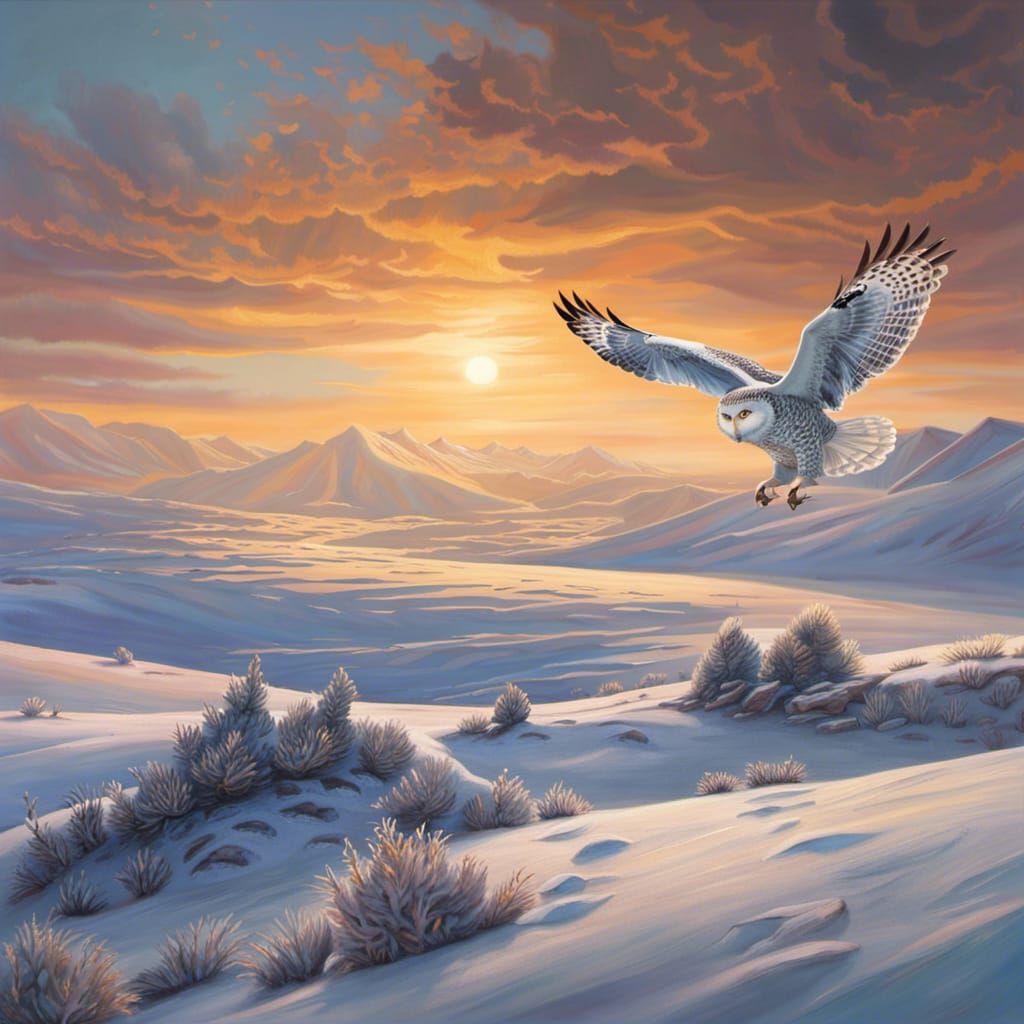 Snowy Owl Soaring Over Icy Tundra Landscape
