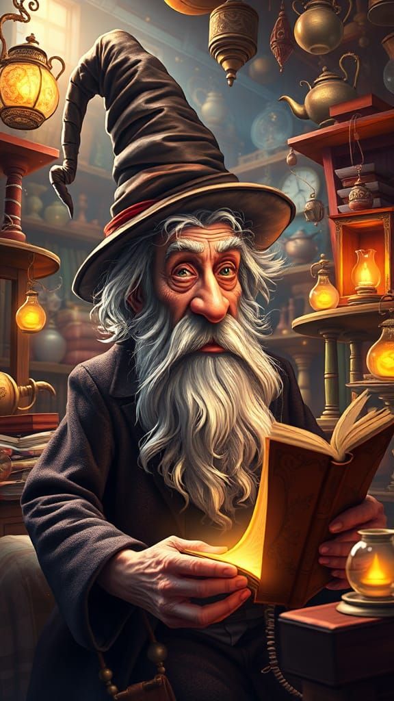 a quirky, funny and eccentric old wizard, with a tangled beard and crooked hat, sits in his cluttered study, watching hi...