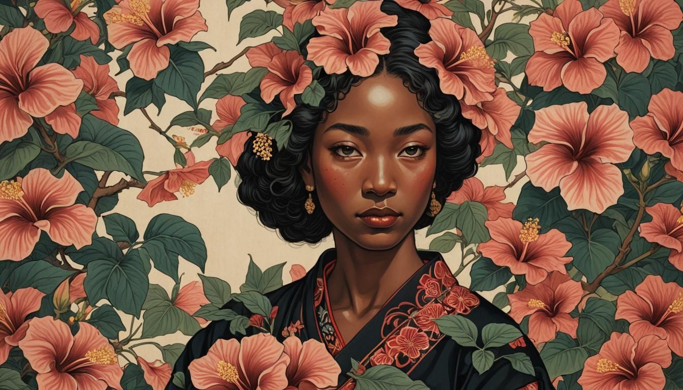 Black Woman Surrounded by Hibiscus in Ukiyo-e Style