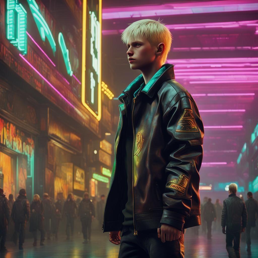 Boy in Guinness Jacket: Cyberpunk Mall Scene