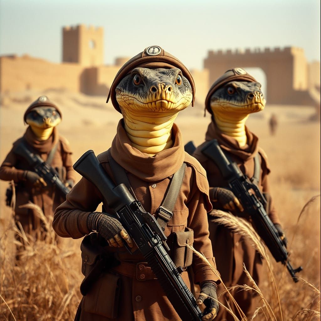 Anthropomorphic Pythons in Mesopotamian Ruins, Cinematic Sty...