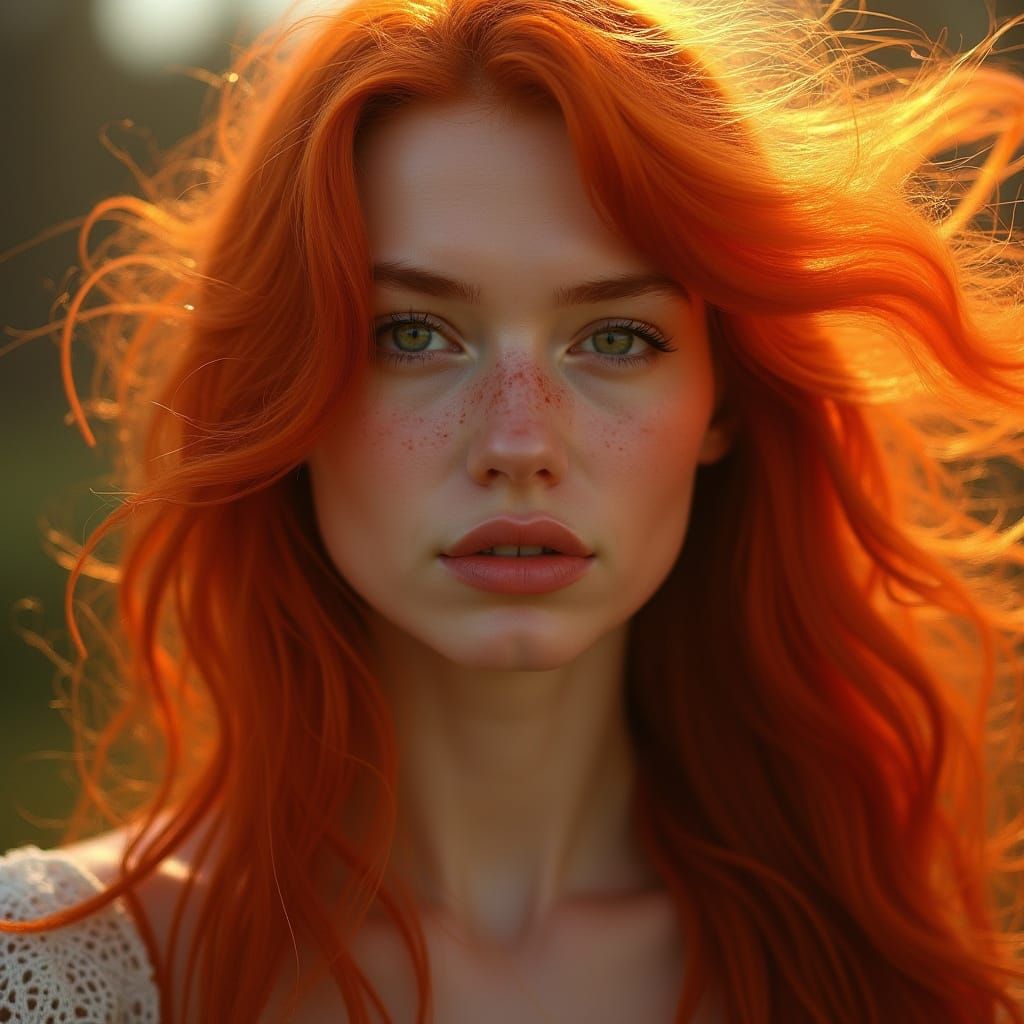 Woman with Fiery Autumn Hair in Vintage Portrait Style
